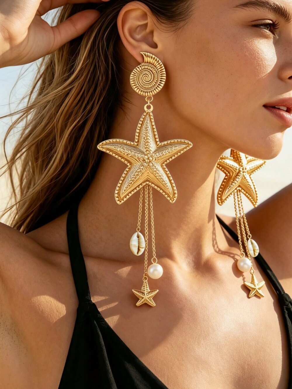 Yellow Gold Boho Women's Starfish Tassel Dangle Earrings, Pearl, Beach Festival